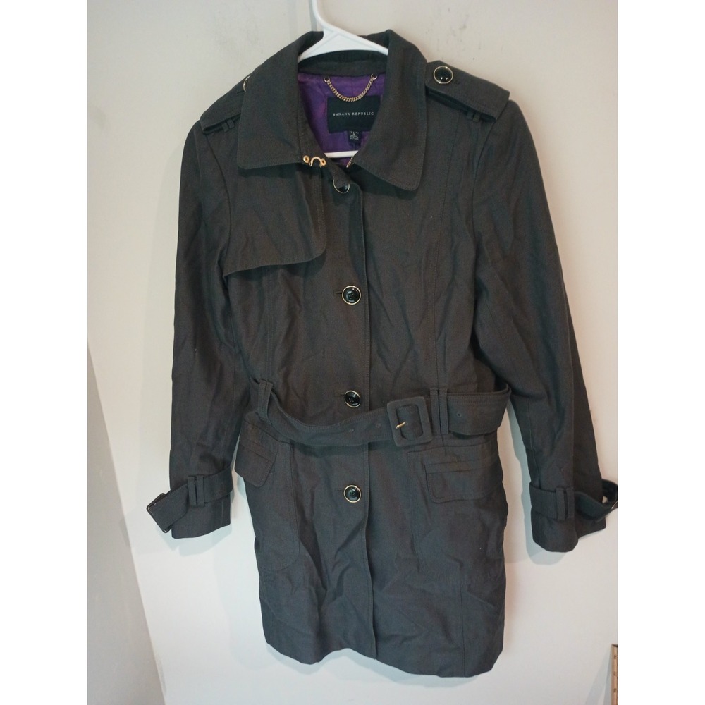 Banana Republic Trench Coat Jacket Womens Petite M Dark Gray Belted Purple...